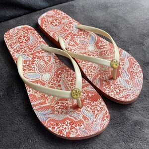 Tory Burch Poppy Orange Red Floral Flip Flop Sandals White Strap Women Sz 9 9.5
